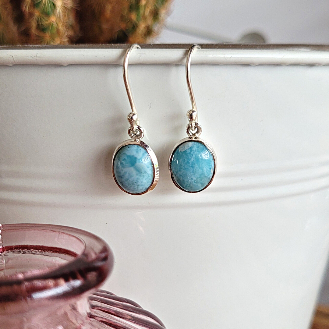 Boucles D'Oreilles Ovales En Argent Sterling 925 Avec Pierre Larimar Bleue - Neuf Sans Boîte