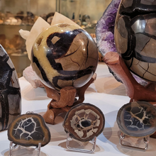 Charger l'image dans la galerie, Sphère en Septaria , amethyste en fond , dans une boutique de mineraux