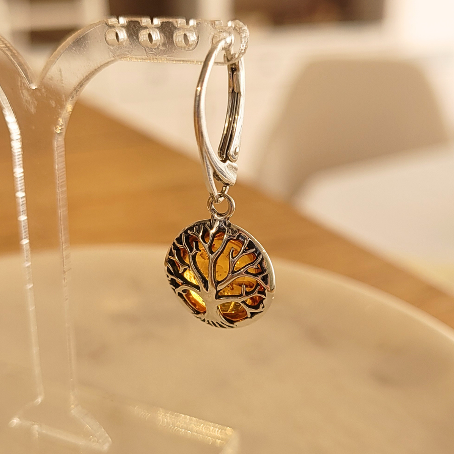 Boucles arbre de vie ambre et argent