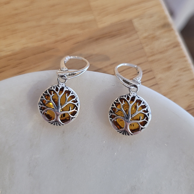 Boucles d'oreilles Arbre de vie en Ambre