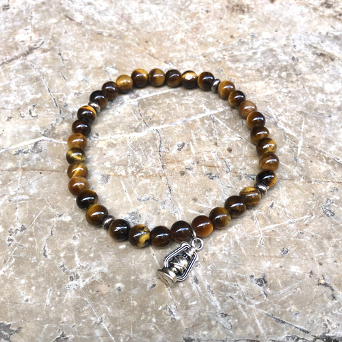 Bracelet Mixte Œil du Tigre, acier et Lampe Tibétaine