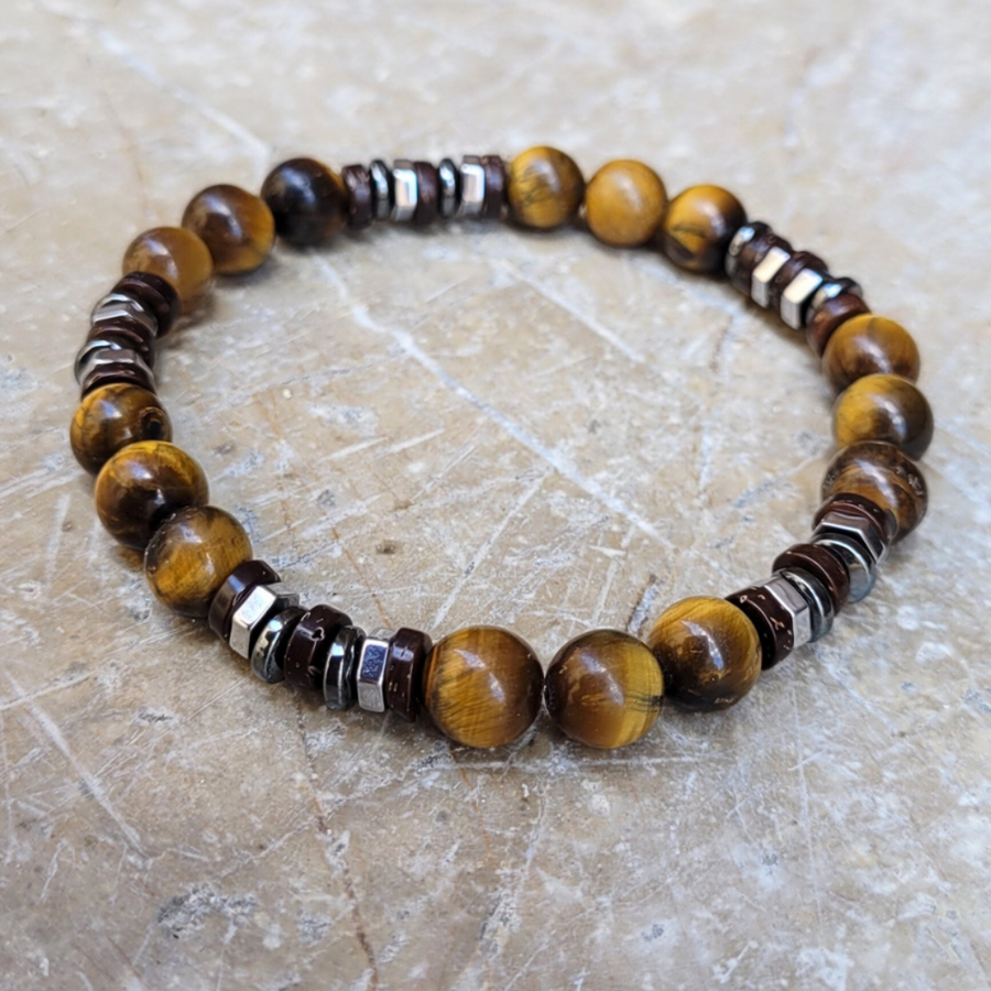 bracelet oeil de tigre , hematite et bois