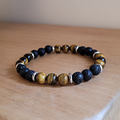 Bracelet 8 mm Acier, Œil du tigre et Pierre de Lave
