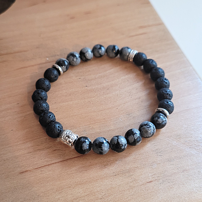 Bracelet 8 mm Obsidienne neige/ Pierre de lave/ Bouddha