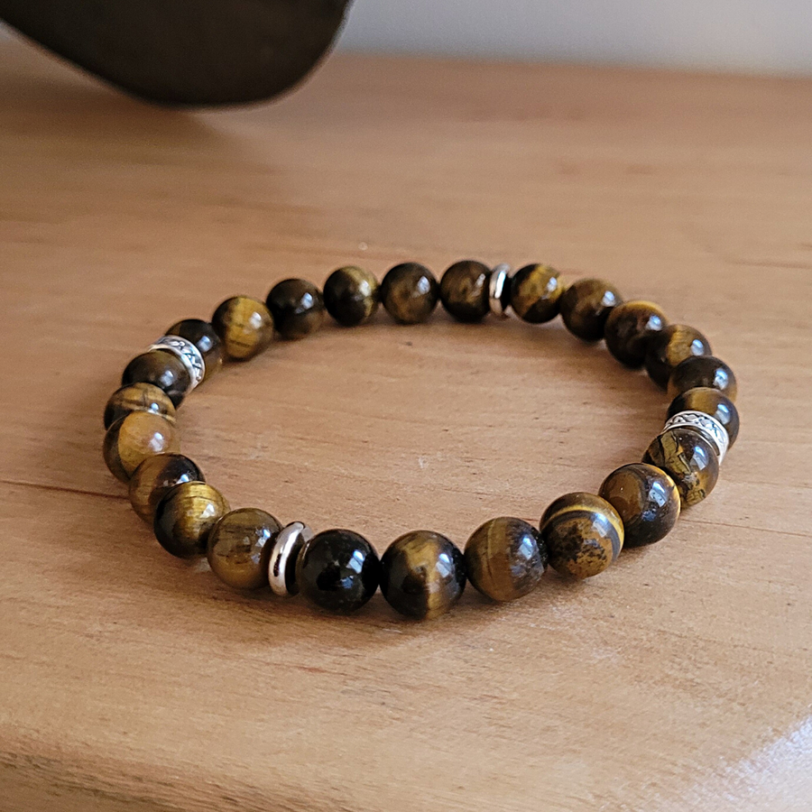 Bracelet Homme 8 mm Oeil du tigre et Acier