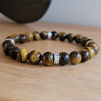 Bracelet 8 mm Œil du tigre et Acier