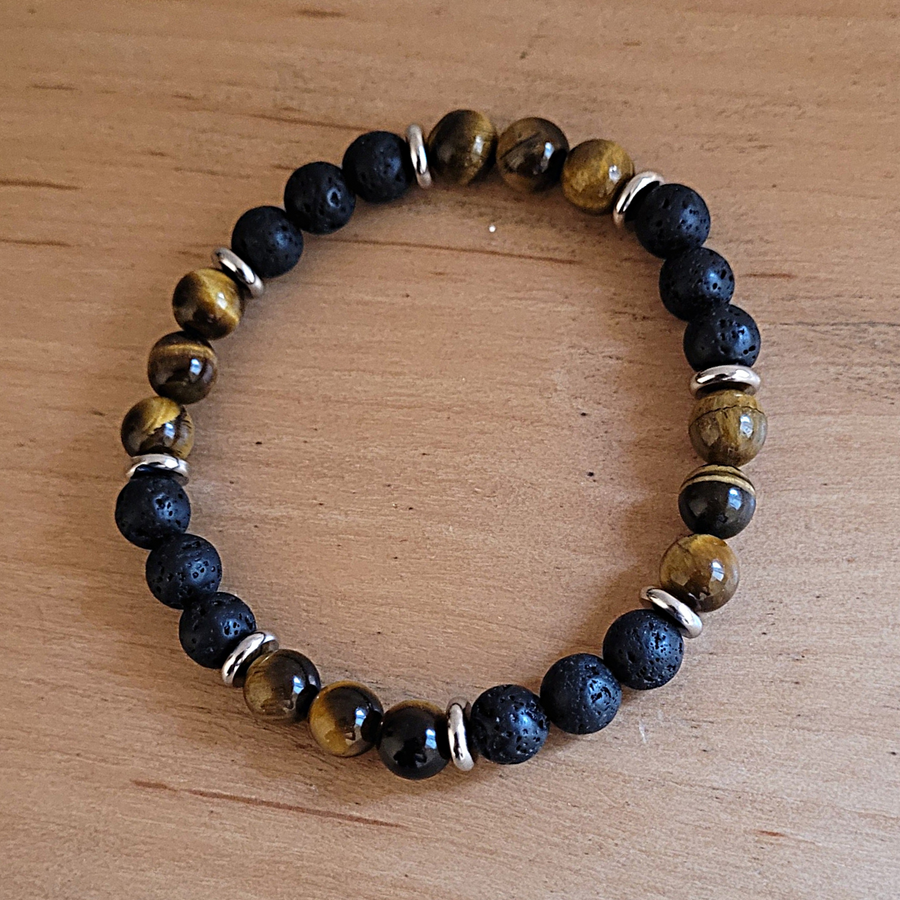 Bracelet Homme 8mm Acier, Oeil du tigre et Pierre de Lave