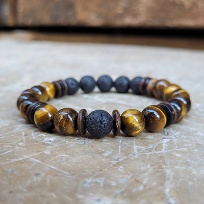 Bracelet Œil du Tigre Bois et Pierre de Lave