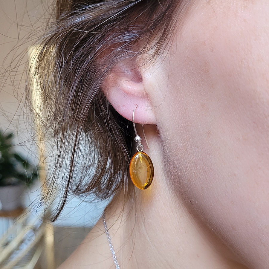 Boucles d'oreilles Ambre pendantes Goutte sur Argent