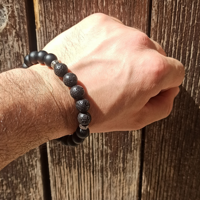 Bracelet Homme Onyx et Pierre de Lave Grand poignet